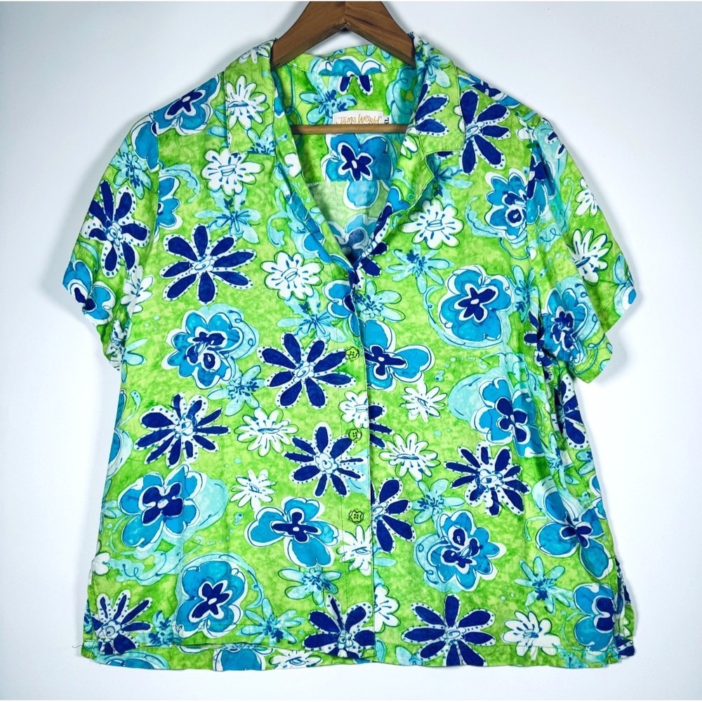 Jams World Flower Pop Blouse Womens‎ XL Green Blue Tropical Floral Rayon Shirt